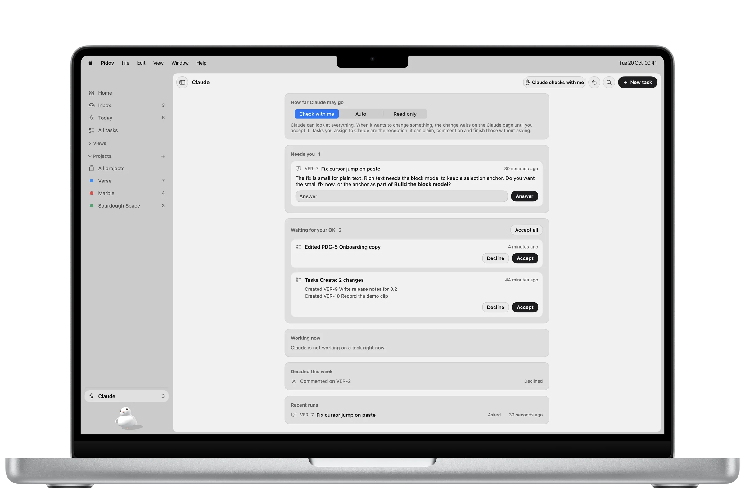 The Claude page in Pidgy for Mac: the trust setting, a question in Needs you, two changes waiting for your OK, and recent runs