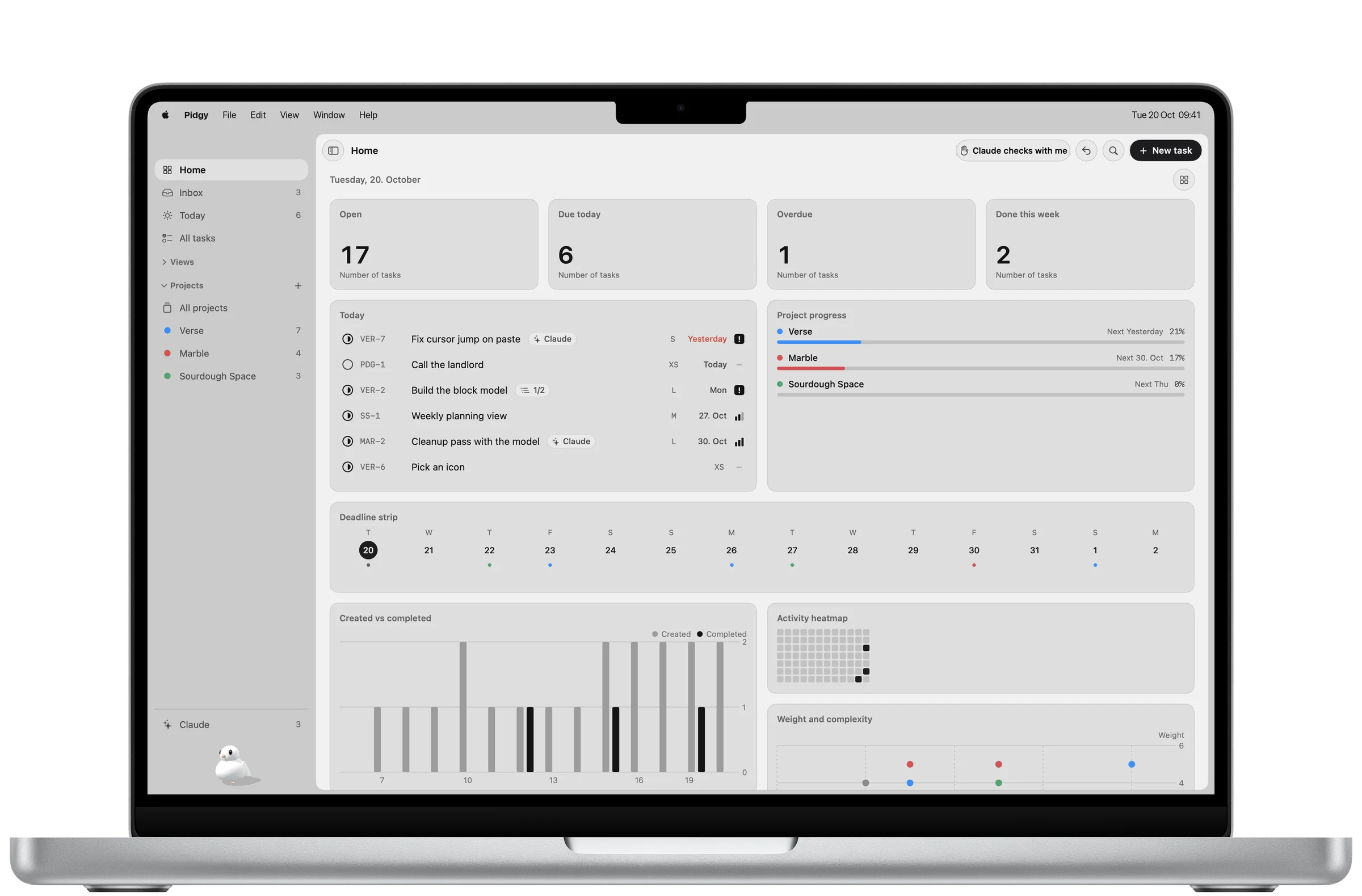 Pidgy Home on Mac: open, due today, overdue and done this week, Today's tasks, project progress, the deadline strip and charts