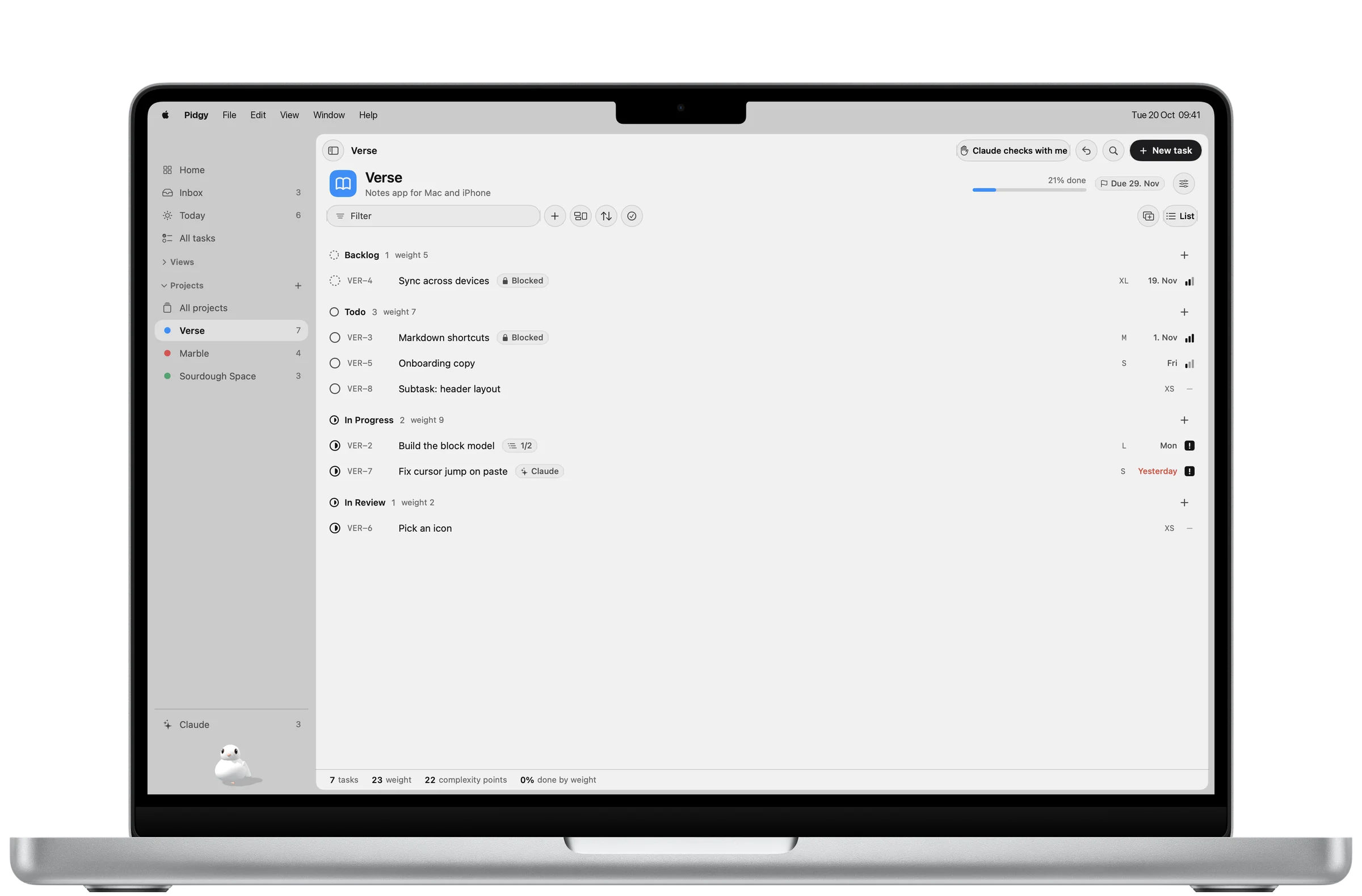 The Verse project page on Mac: 21 percent done by weight, due 29 November, tasks grouped by status with their weight