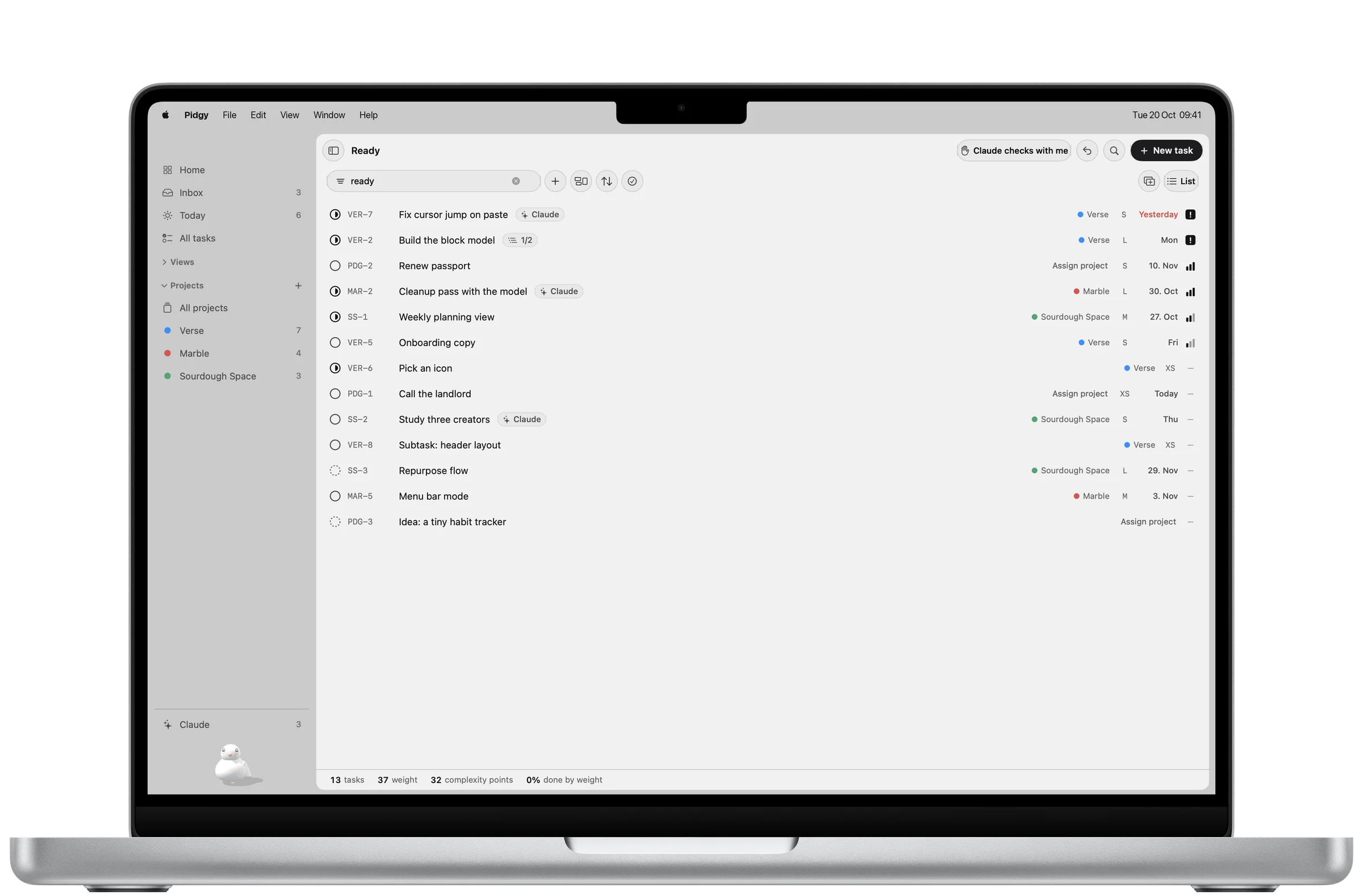 Pidgy on Mac showing the Ready view: thirteen tasks free to start across Verse, Marble and Sourdough Space