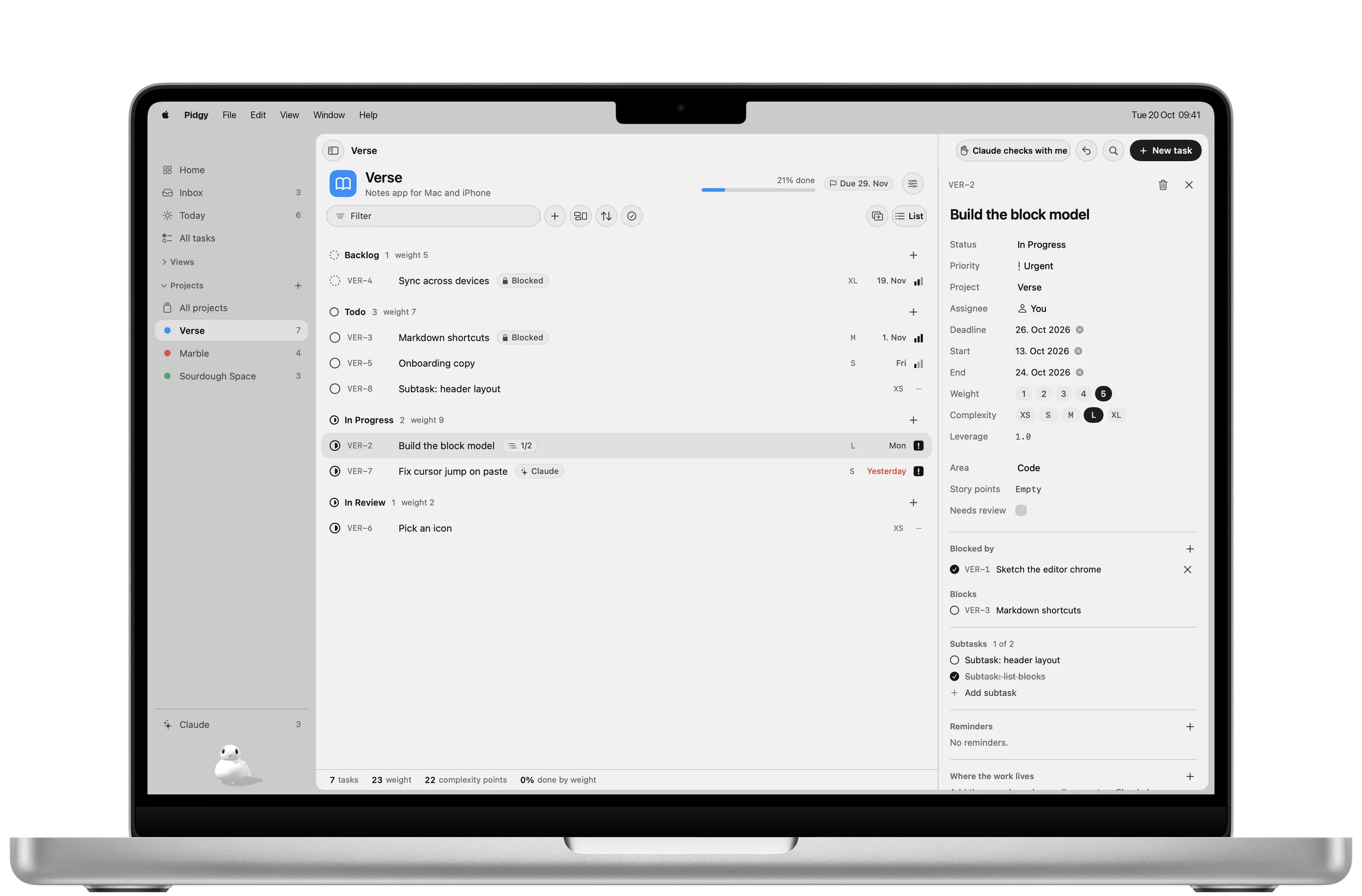 Pidgy on Mac with a task open beside Home, showing weight 4, complexity S and leverage 2.0